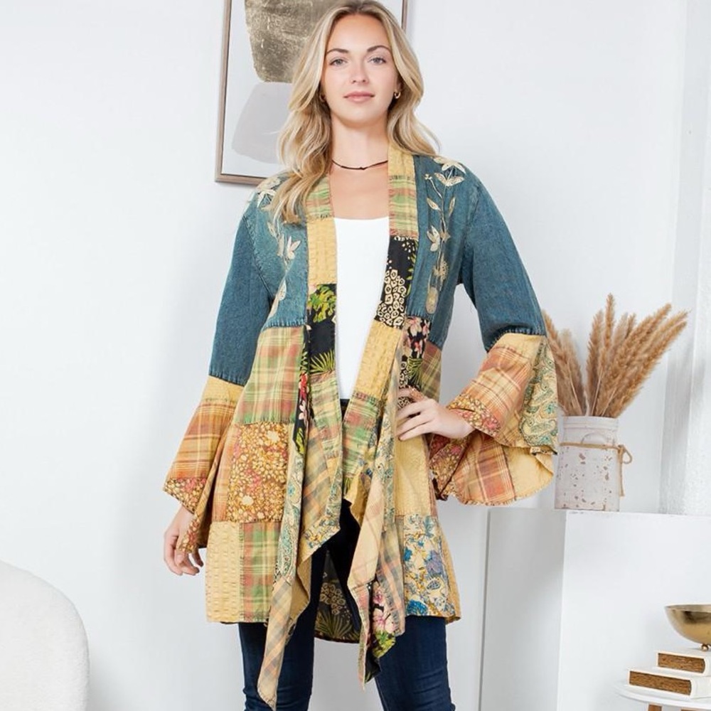 Young Threads Denim Patchwork Long Shrug Size Medium NWT